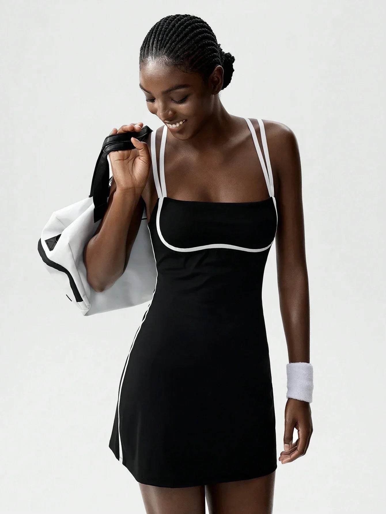 Black Striped Backless Active Dress For Women Tennis Yoga