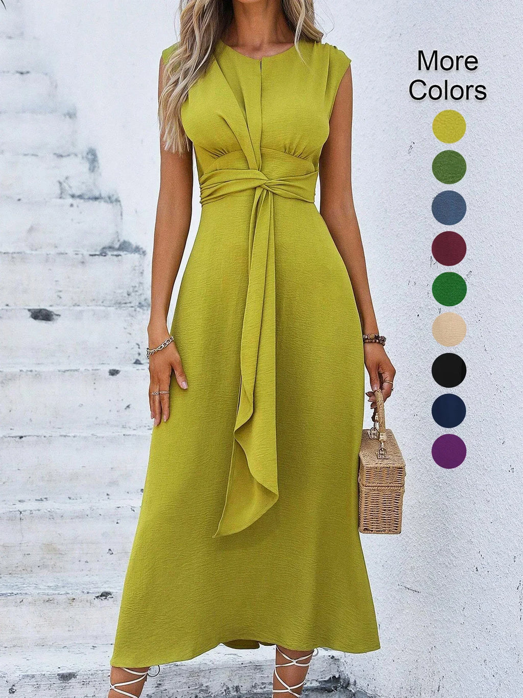 Women's Solid Color A-Line Dress Sleeveless Front Thin Straps Elegant Belted Midi Dress for Summer